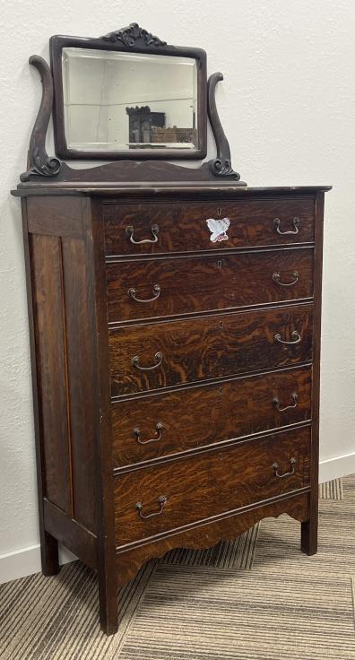 Antique Oak Tallboy Dresser with Beveled Mirror