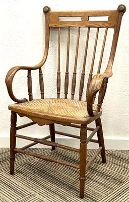 Antique Oak Cane Spindle High Back Arm Chair