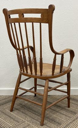 Antique Oak Cane Spindle High Back Arm Chair