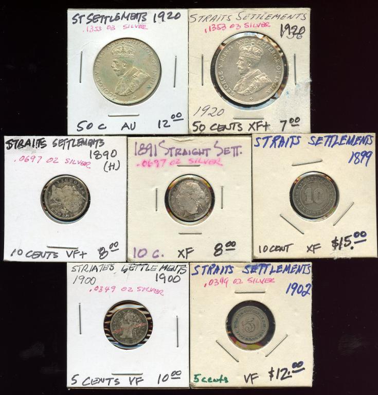 Lot of 7 Straits Settlements Silver 50-10-5 Cents