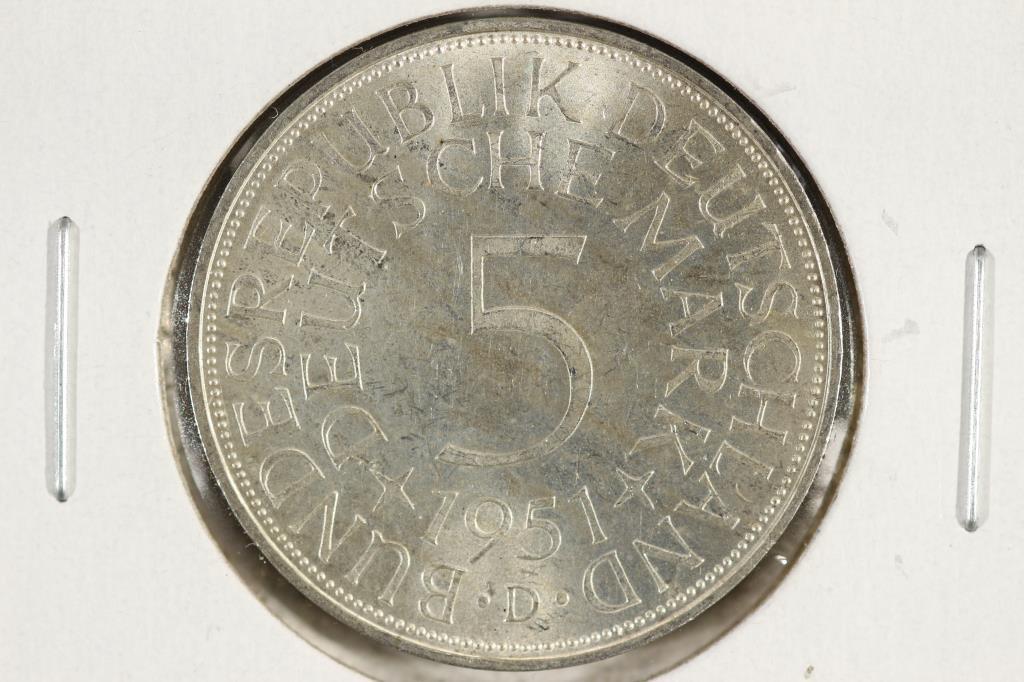 1951-D GERMAN SILVER 5 MARKS UNC