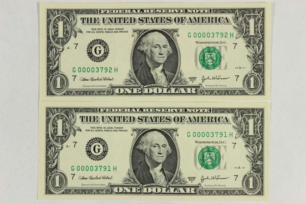 2-2003-A $1 FRN'S LOW CONSECUTIVE SERIAL 'S UNC