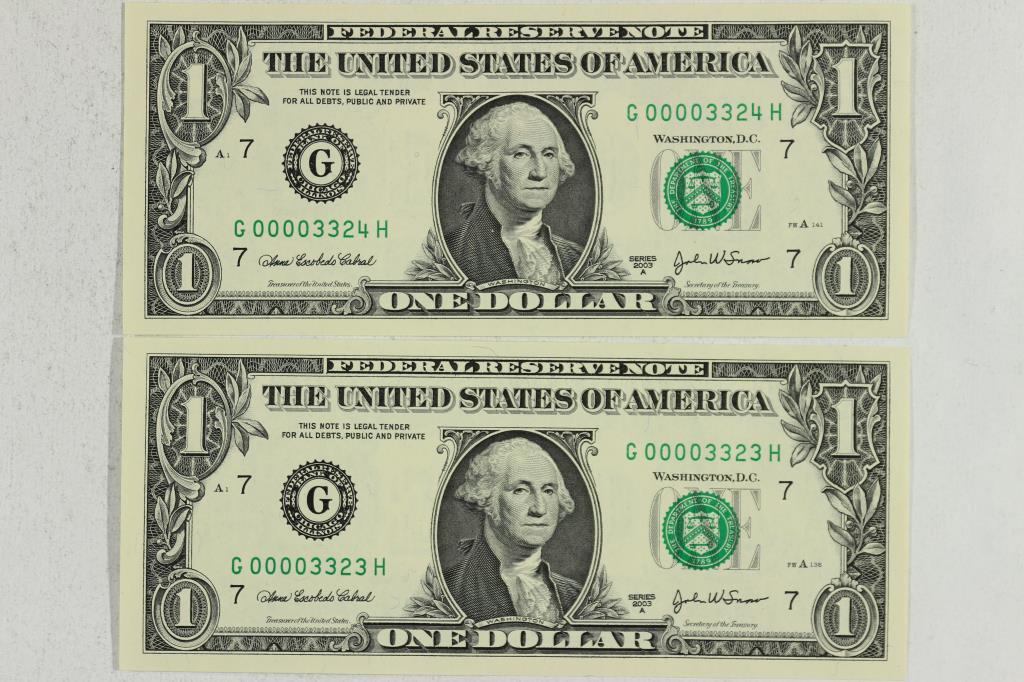 2-2003-A $1 FRN'S LOW CONSECUTIVE SERIAL 'S UNC