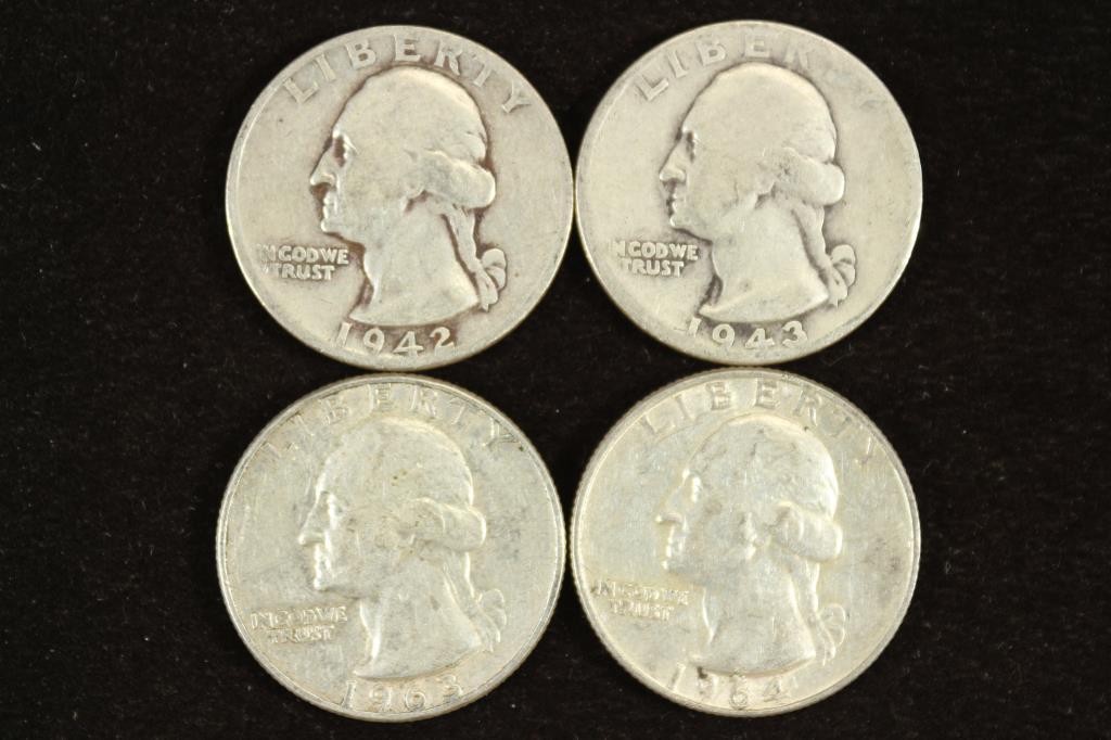 1942,43,63-D & 64 WASHINGTON SILVER QUARTERS