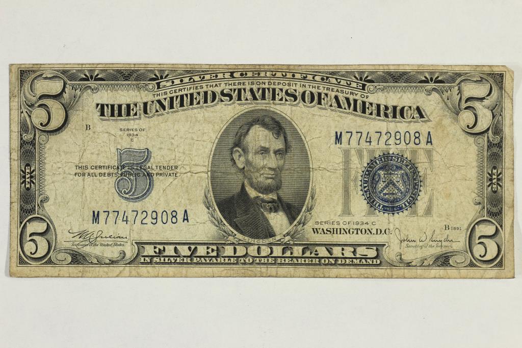 1934-C $5 SILVER CERTIFICATE BLUE SEAL