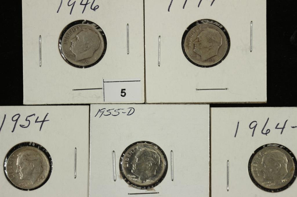 1946,47,54,55-D & 64-D SILVER ROOSEVELT DIMES