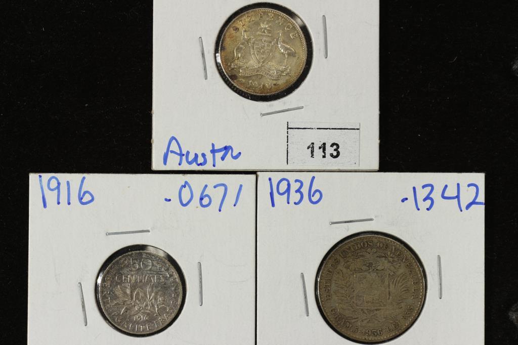 3 FOREIGN SILVER COINS 1943-D AUSTRALIA 6 PENCE