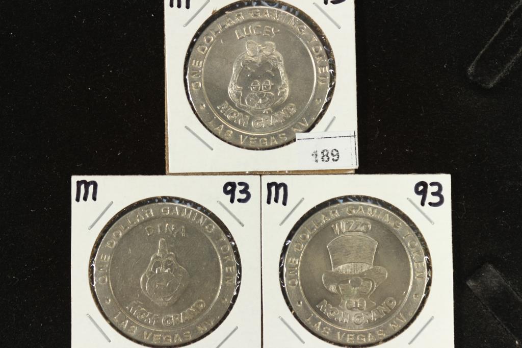 3 ASSORTED 1993 MGM GRAND $1 GAMING TOKENS LUCEY,