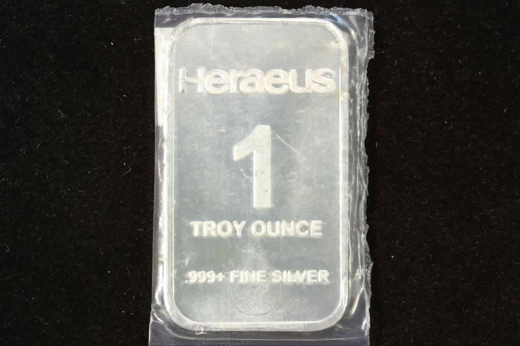 1 TROY OZ .999+ FINE SILVER PROOF BAR HERAEUS