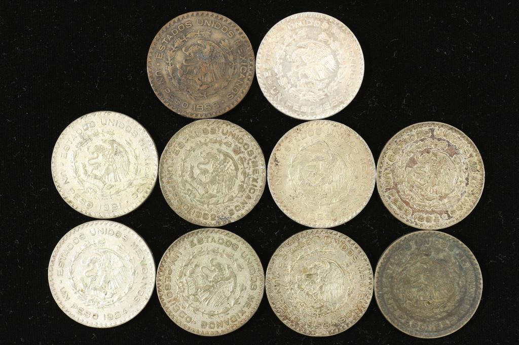 10 ASSORTED 1958-1966 MEXICO .100 SILVER PESOS