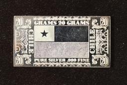 20 GRAM .999 FINE SILVER PROOF BAR CHILE  BY THE