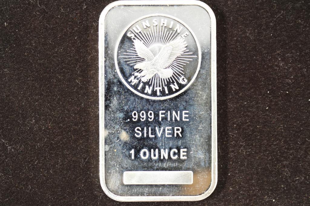 1 TROY OZ .999 FINE SILVER PROOF BAR SUNSHINE