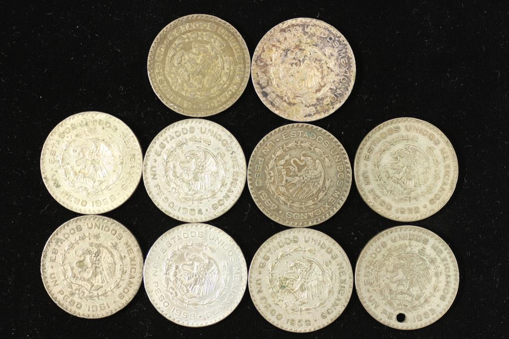 10 ASSORTED 1957-66 MEXICO .100 SILVER PESOS