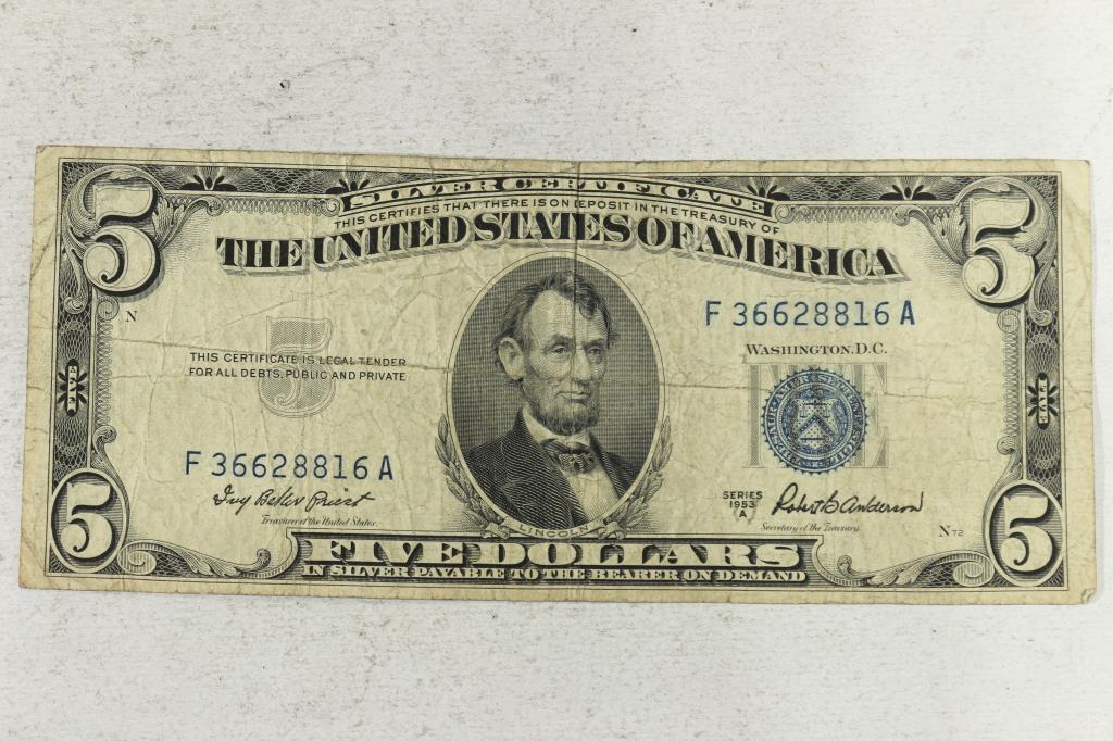 1953-A $5 BLUE SEAL SILVER CERTIFICATE