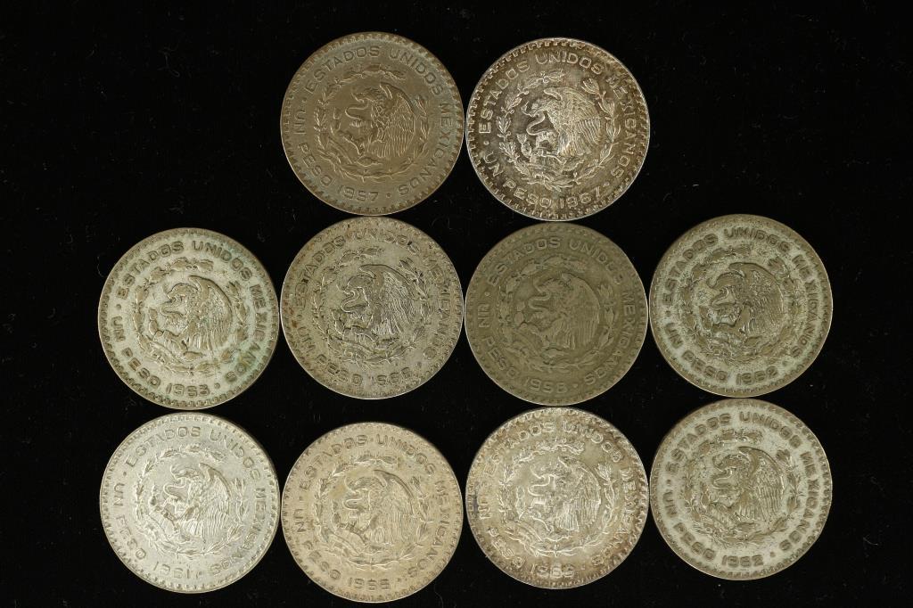 10 ASSORTED 1957-1967 MEXICO .100 SILVER PESOS