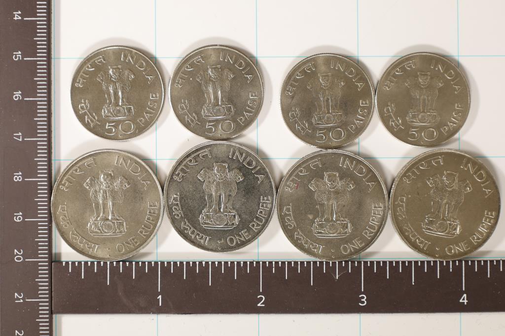 8-1948 INDIA COINS: 4-50 PAISE & 4-1 RUPEE ALL UNC