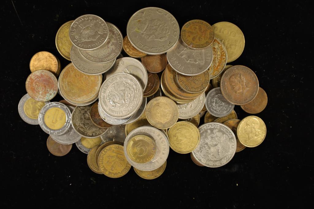 1 POUND ASSORTED FOREIGN COINS, LOTS OF COUNTRIES