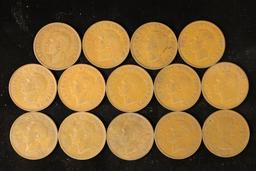 14 ASSORTED NEW ZEALAND LARGE ONE PENNY COINS: