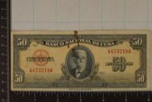 1950 CUBA 50 PESO BILL HAS SOME STAINING