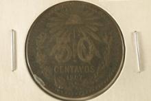 1907 MEXICO SILVER "CAP & RAY" 50 CENTAVOS