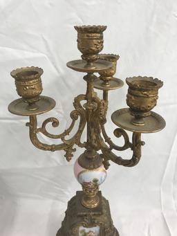 Pair of Gilt and Porcelain Candelabra & Clock.