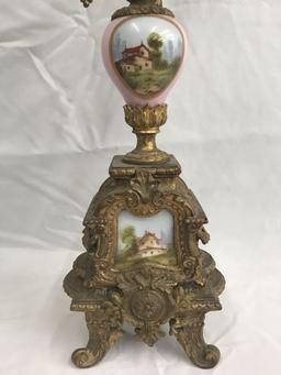 Pair of Gilt and Porcelain Candelabra & Clock.