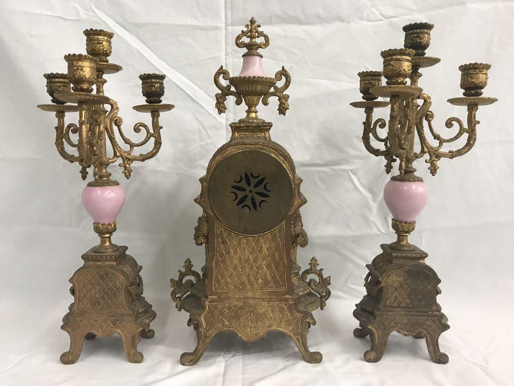 Pair of Gilt and Porcelain Candelabra & Clock.