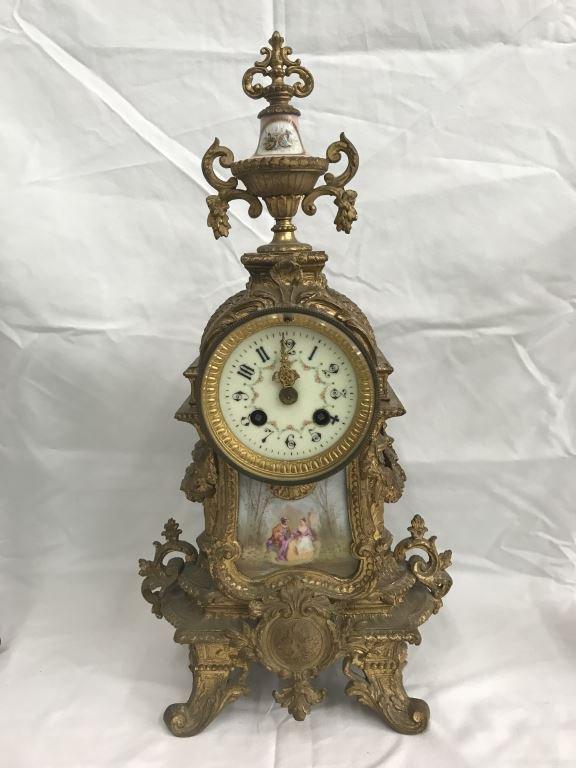 Pair of Gilt and Porcelain Candelabra & Clock.