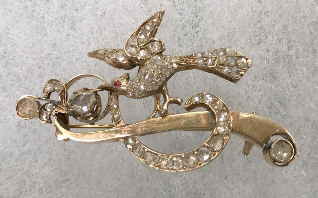 Antique Rose Gold & Diamond Bird Pin