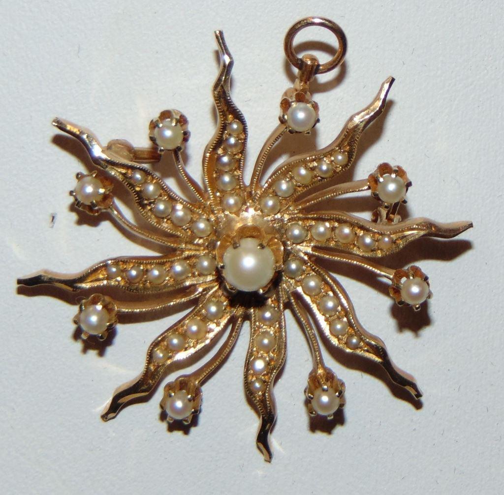 Vintage 14 K Yellow Gold Sunburst Pearl Brooch.