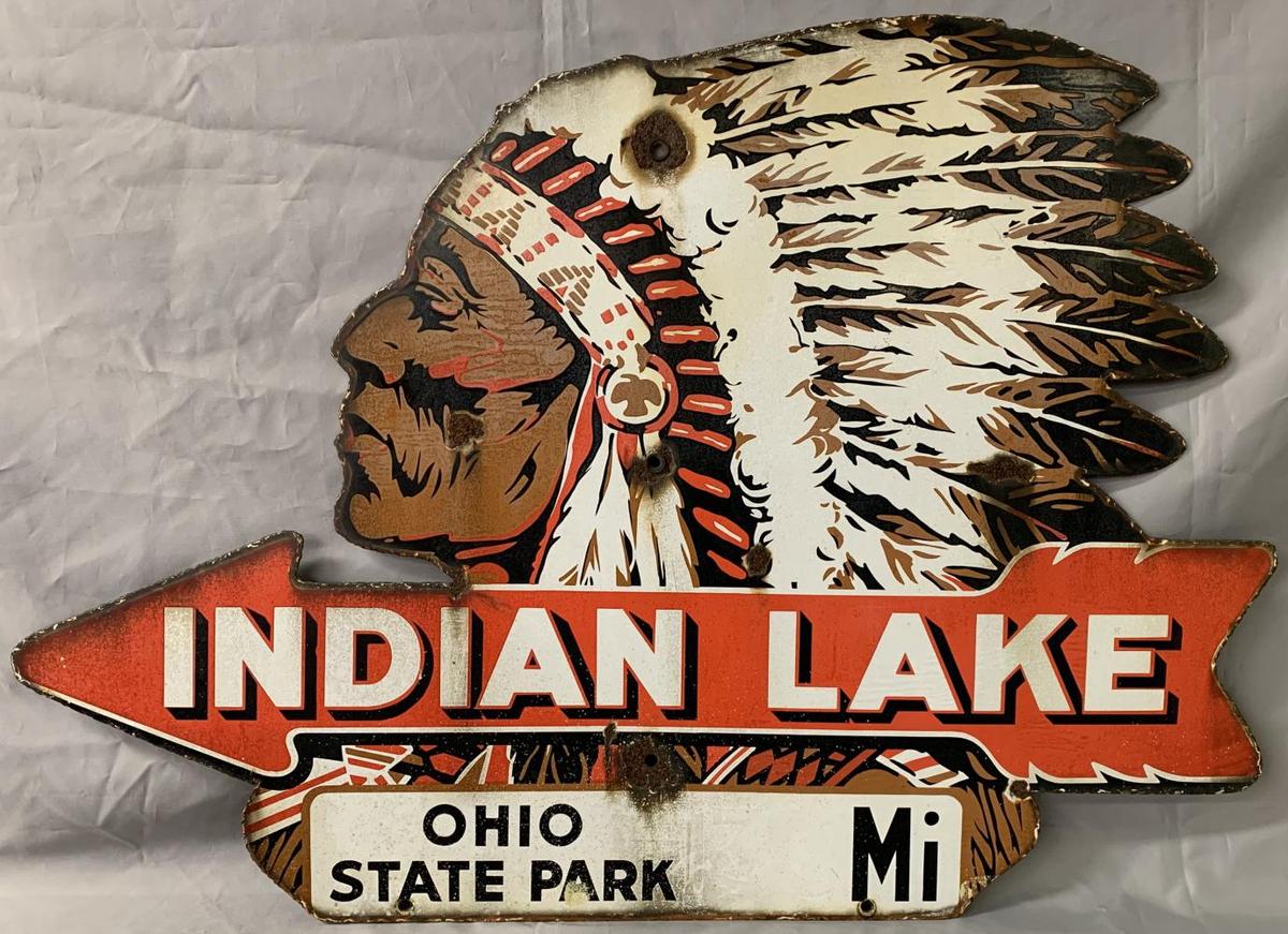 Rare Indian Lake Ohio, Diecut Porcelain Sign