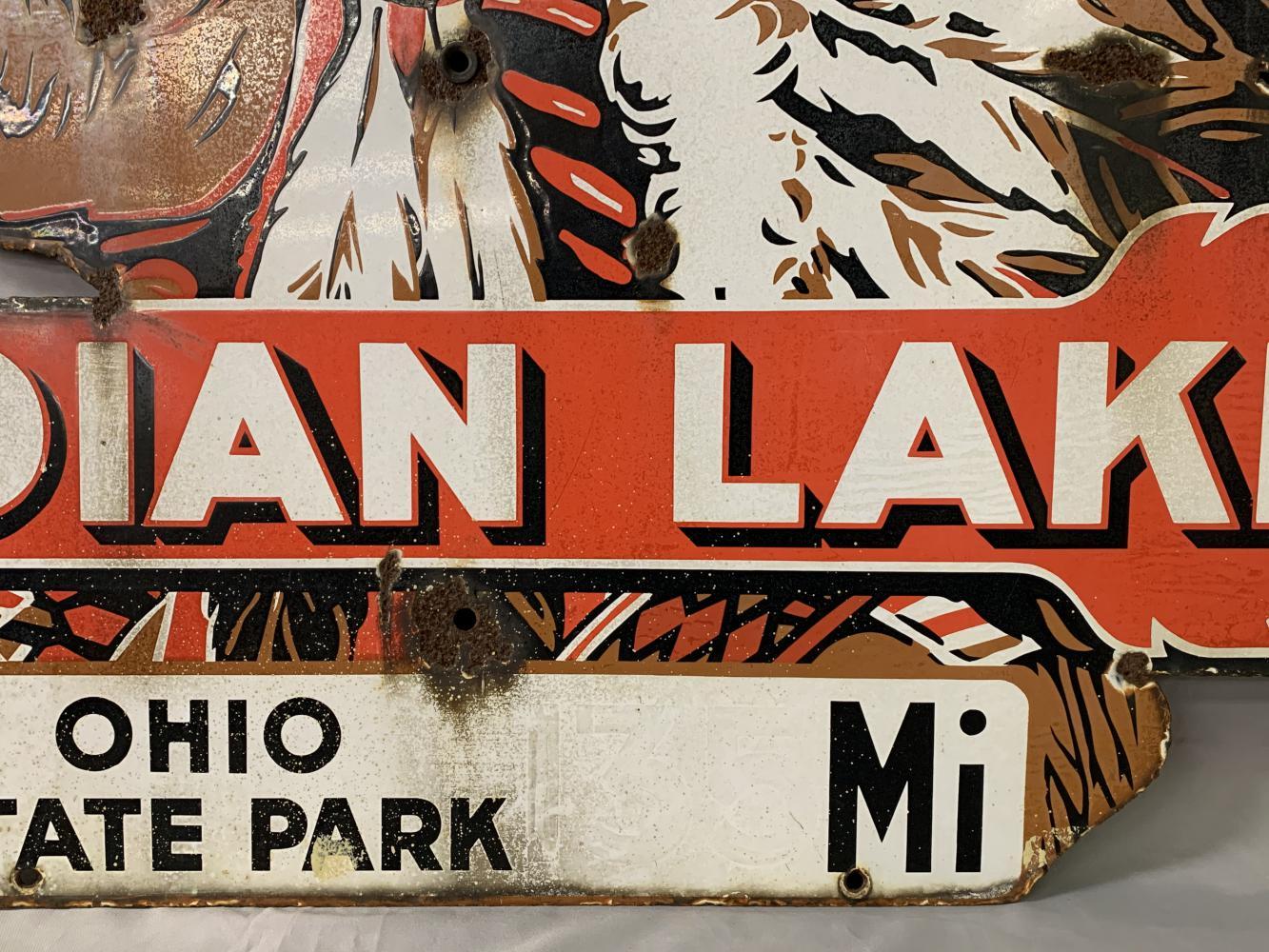 Rare Indian Lake Ohio, Diecut Porcelain Sign