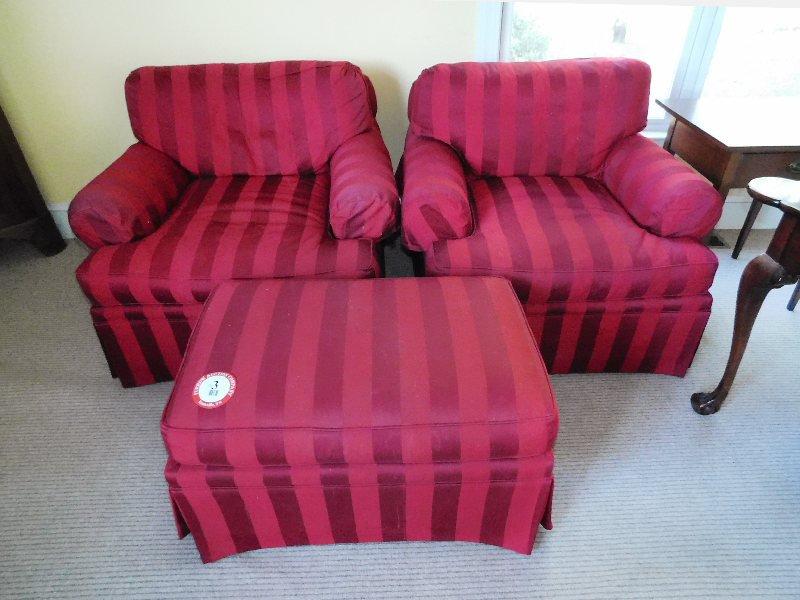 (2) Upholstered Armchairs, (1) Matching Ottoman