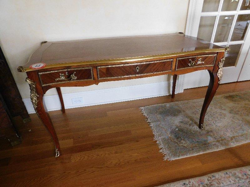 French Style, Brass & Fruitwood, 3 Drawer Desk w/ Damask Chair