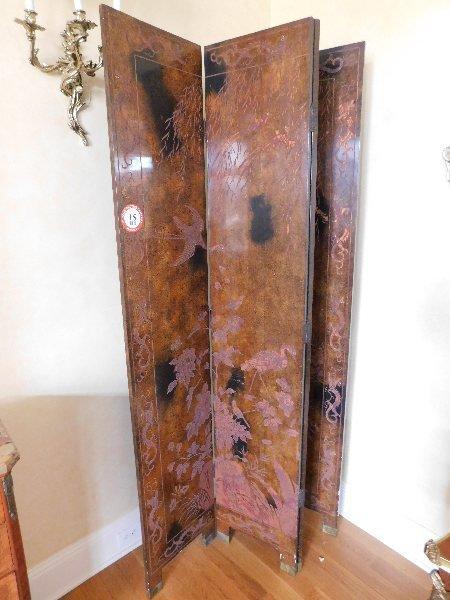 Oriental Style, 4-Panel Wooden Dressing Screen carved w/ Foliage & Birds