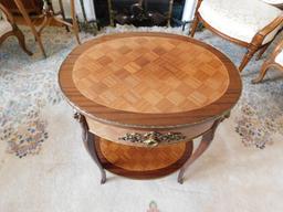 Decorative Brass & Fruitwood Oval Side Table, Single Drawer