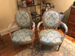 (2) Wooden Framed, Cushioned Bottom & Back Side Arm Chairs