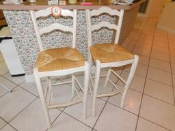 (2) Distressed Painted Wooden Bar Stools, Woven Bottom