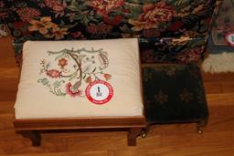 (2) Foot Stools, Wooden Framed (1) Needle Point Top (1) Upholstered Top