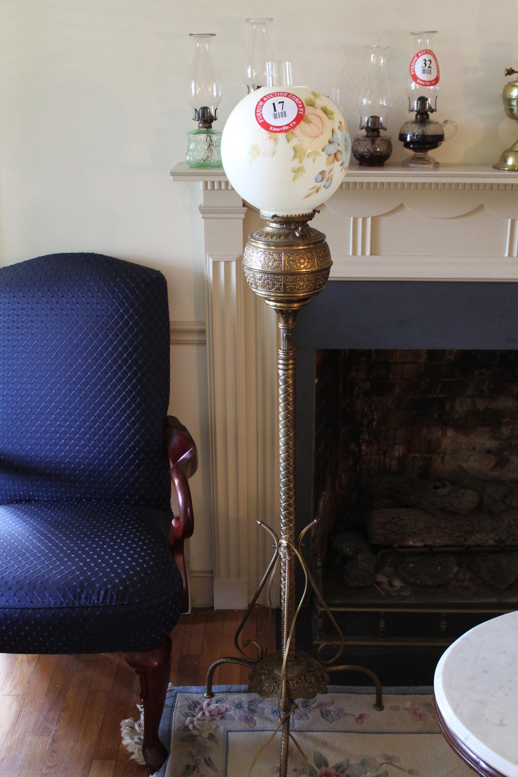 Decorative Floor Lamp, Brass, Hand Painted Glass Globe