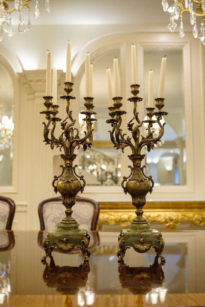Pair (2) Candelabra's 19th Century Bronze 5 arms in the baroque style w/gre