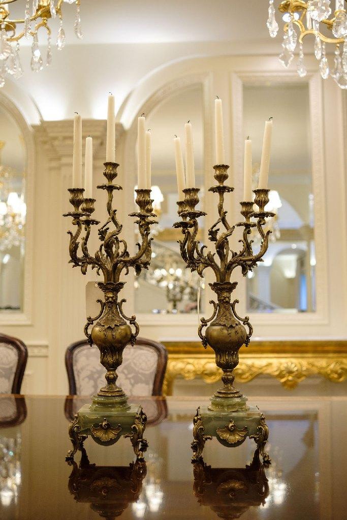 Pair (2) Candelabra's 19th Century Bronze 5 arms in the baroque style w/gre