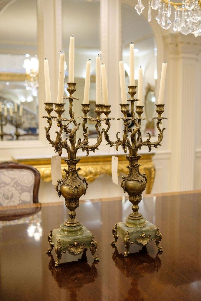 Pair (2) Candelabra's 19th Century Bronze 5 arms in the baroque style w/gre