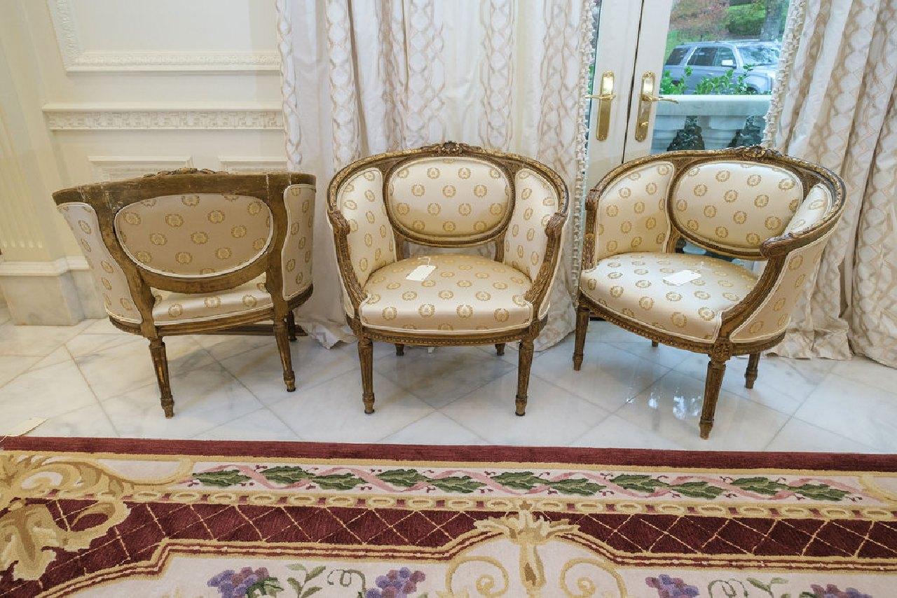 Set of (3) Barrel Chairs, Louis XVI, Napoleon bee, antique gilted finish, A