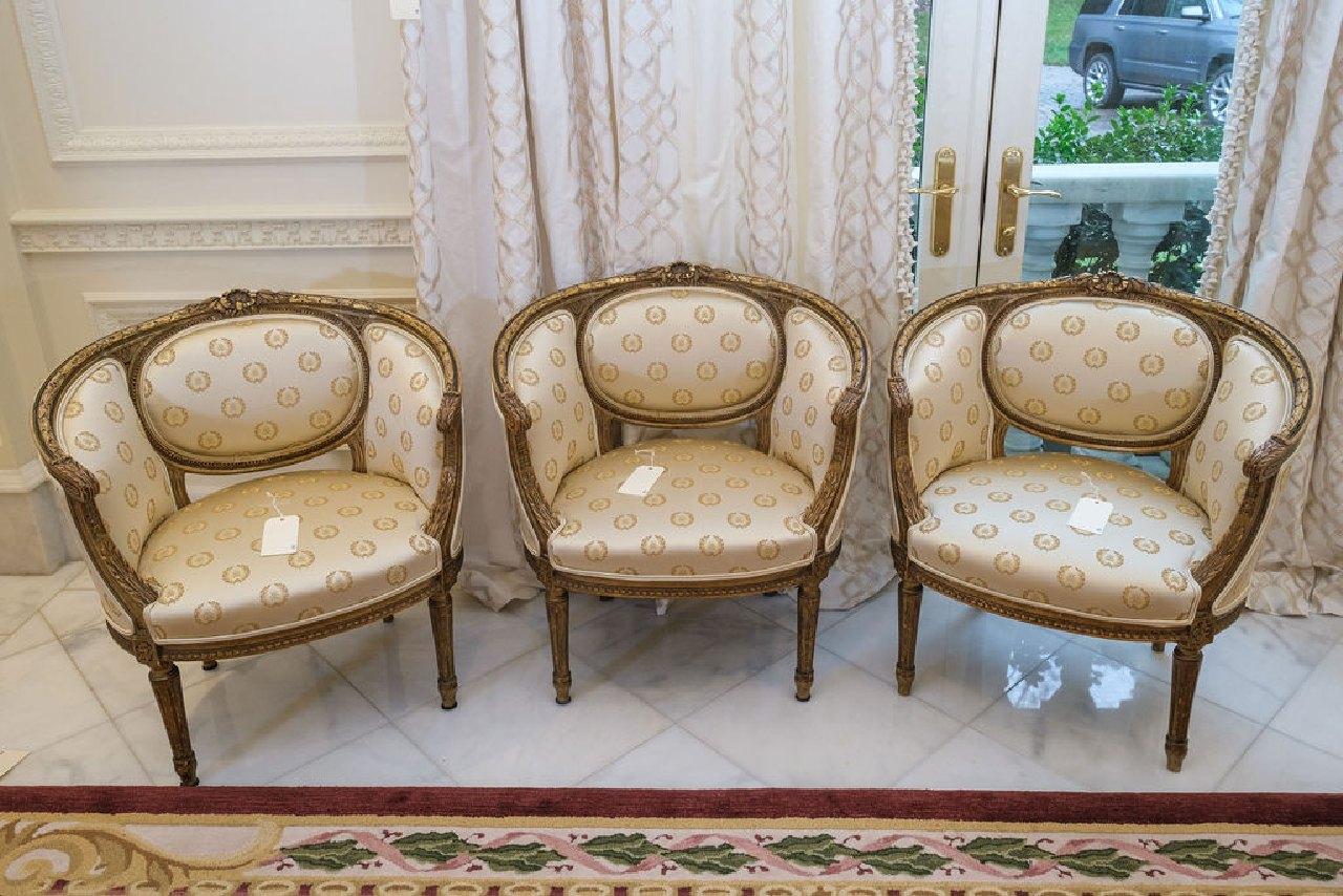 Set of (3) Barrel Chairs, Louis XVI, Napoleon bee, antique gilted finish, A