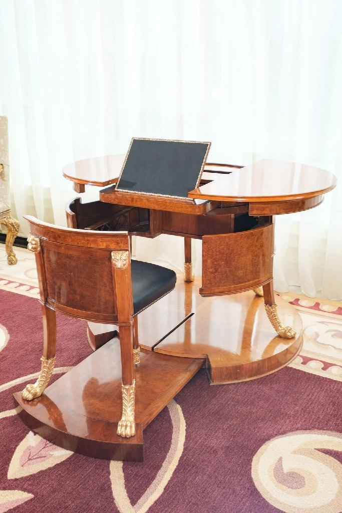 Desk, Neoclassical Style Mechanical, w/bleached mahogany & burl walnut on a