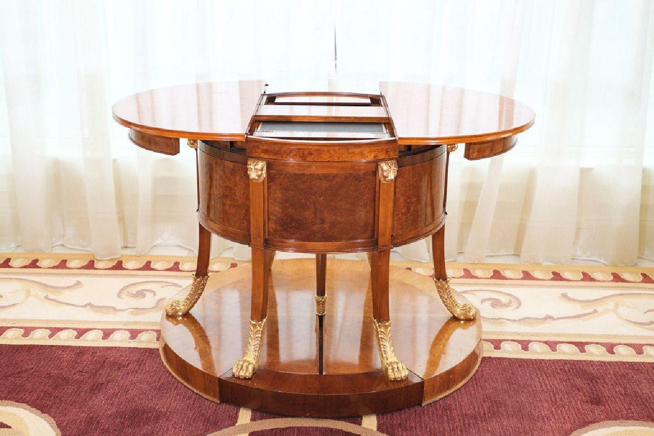 Desk, Neoclassical Style Mechanical, w/bleached mahogany & burl walnut on a