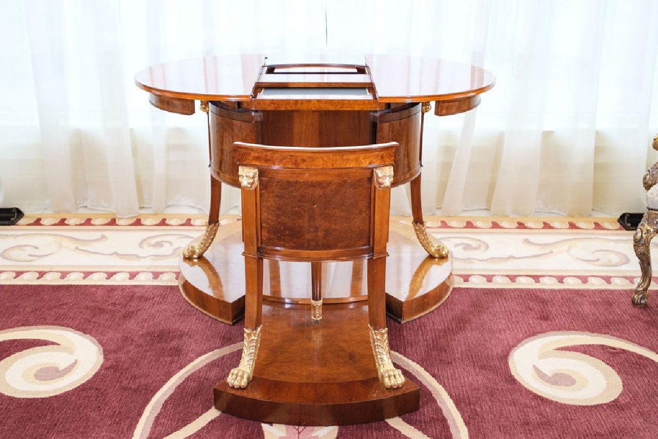 Desk, Neoclassical Style Mechanical, w/bleached mahogany & burl walnut on a