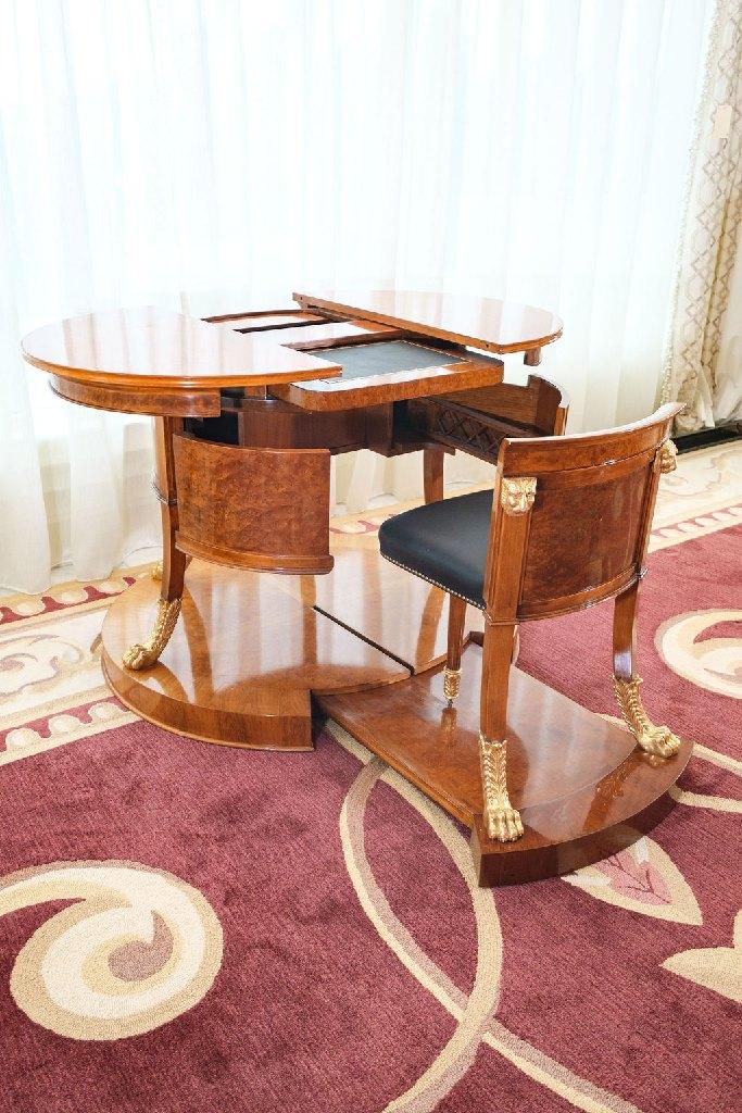 Desk, Neoclassical Style Mechanical, w/bleached mahogany & burl walnut on a