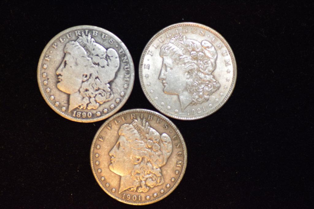 THREE MORGAN SILVER DOLLARS